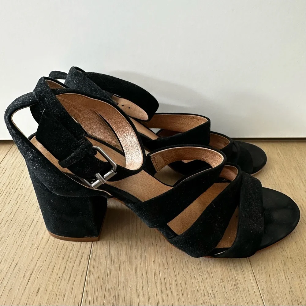 Madewell Black Suede Strappy Block Heel Sandals